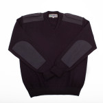 V-Neck Military with velcro or button down epaulettes, polyester patches on shoulders and elbows, cuff folded